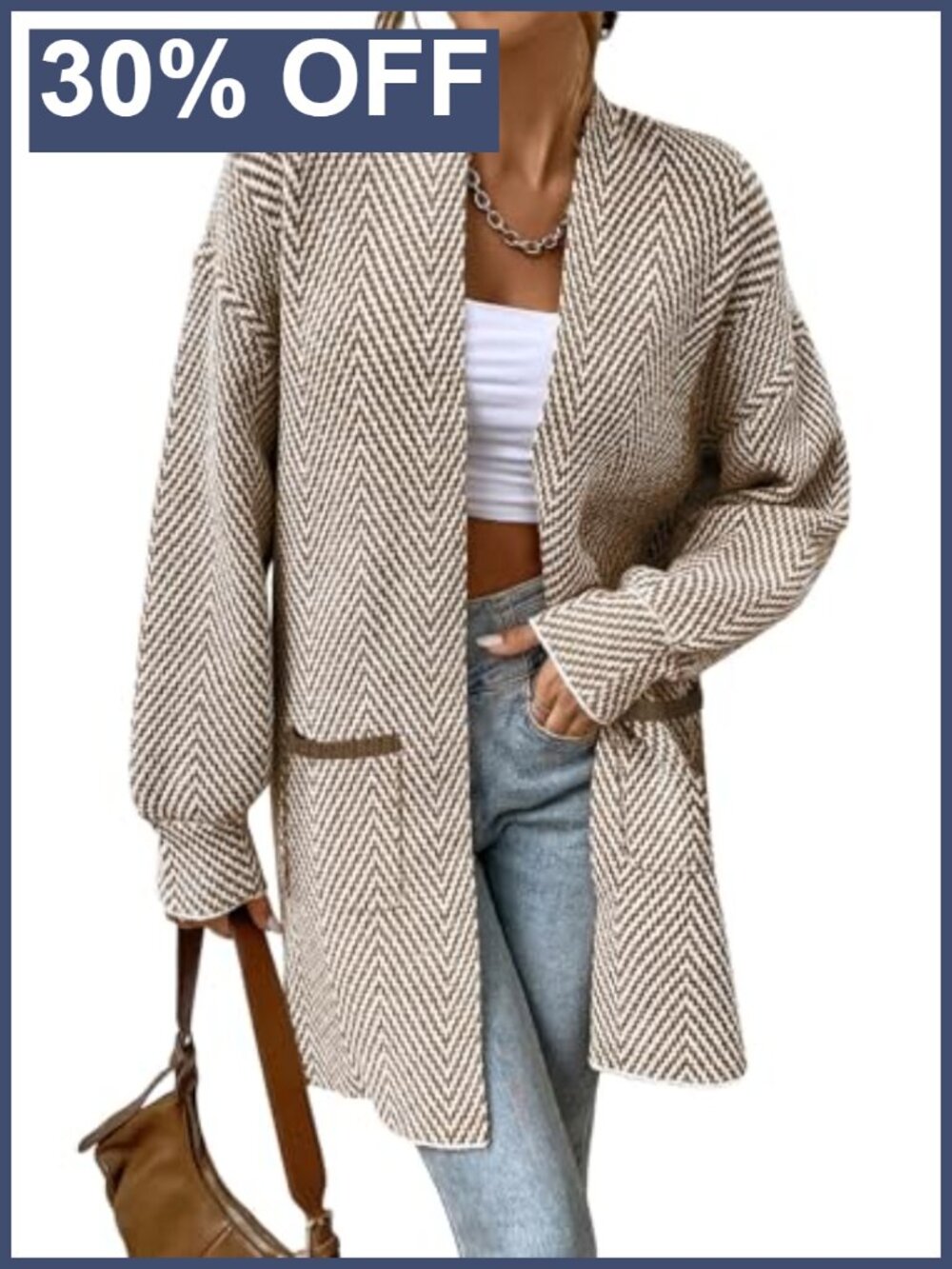 Open Front Chevron Cardigan Sweater Acrylic Long Sleeve Pockets